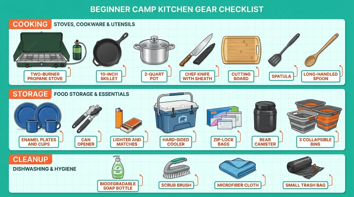 Outdoor cooking for camping beginners essential gear checklist flat lay infographic