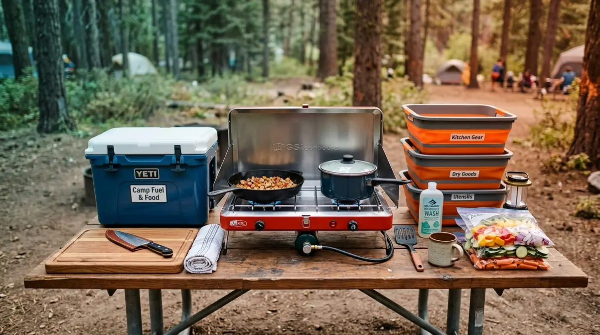 Beginner camp kitchen setup with propane stove skillet pot cooler and cleanup bins on folding table