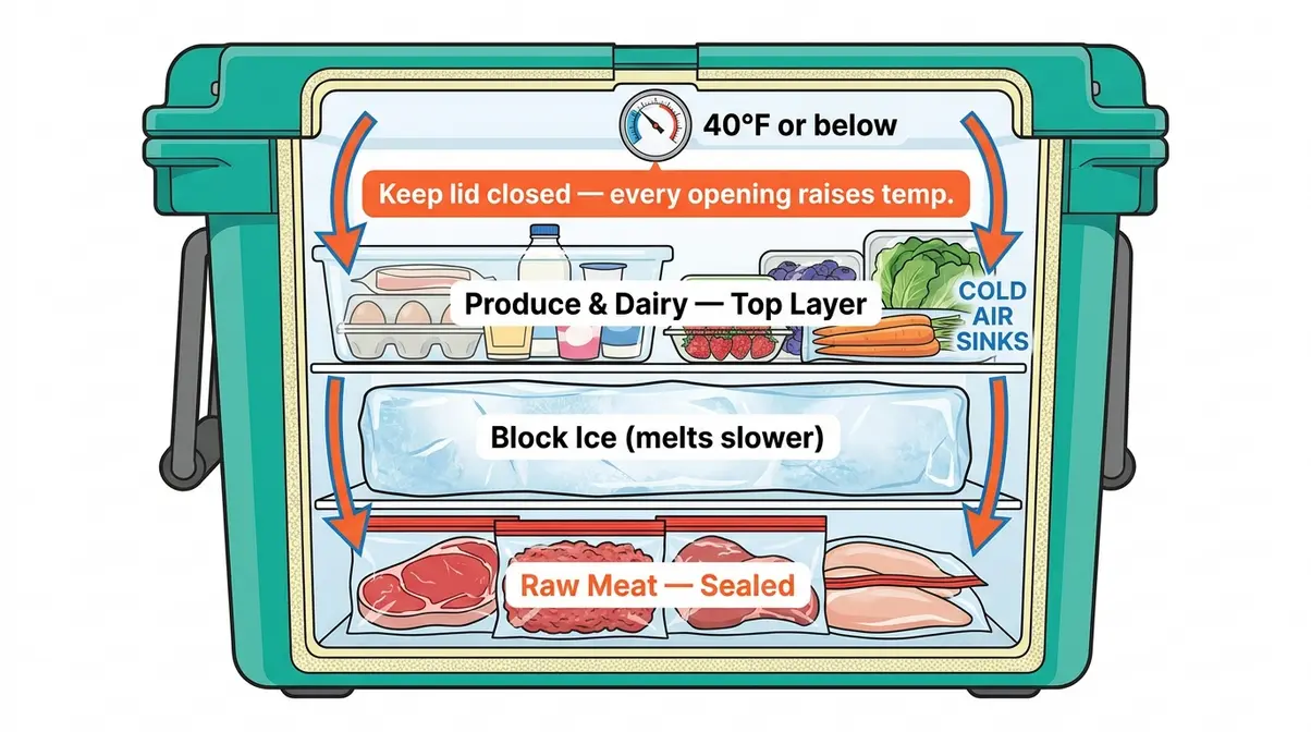 Camp cooler food safety packing diagram showing raw meat bottom ice middle produce top