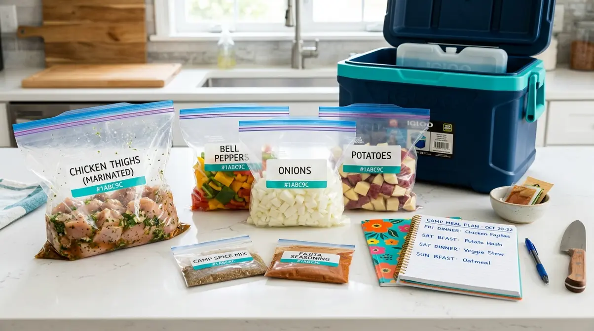 Camp meal planning and prep at home with labeled zip-lock bags of prepped ingredients and 3-day meal plan notebook