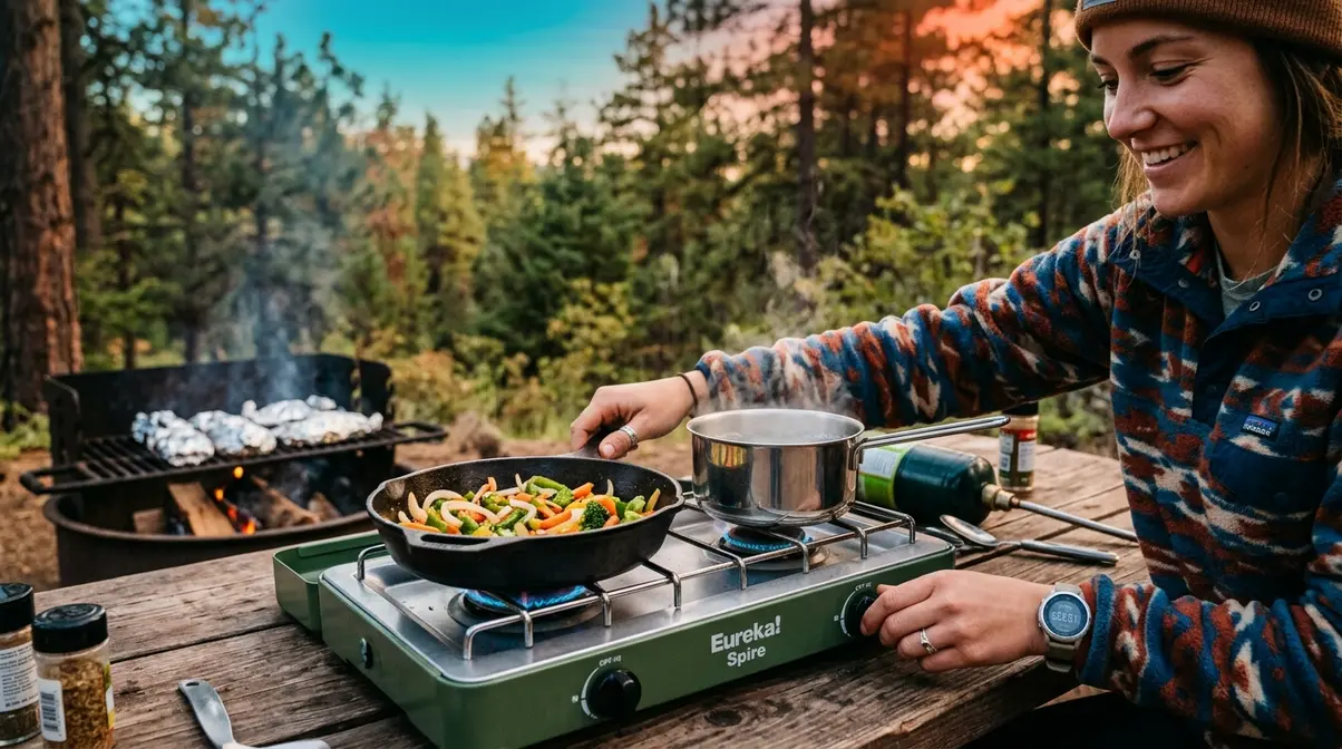 Beginner camper using two-burner propane camp stove with skillet and pot at forest campsite