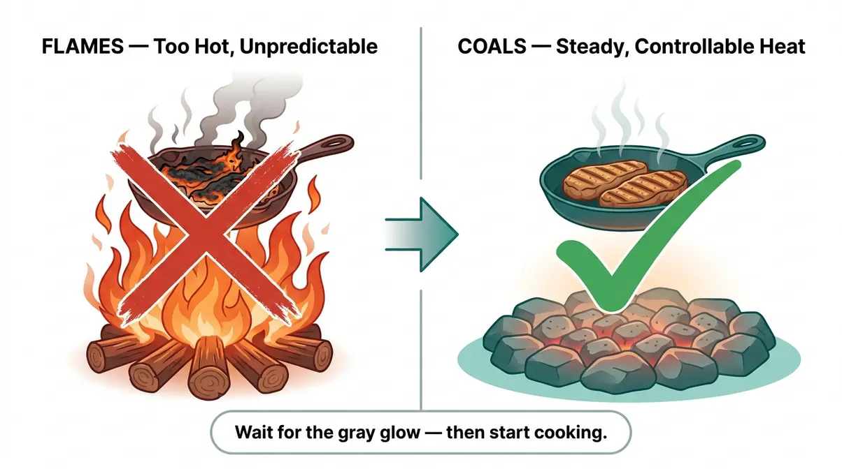Campfire coals versus flames cooking guide showing why glowing coals are better for beginners