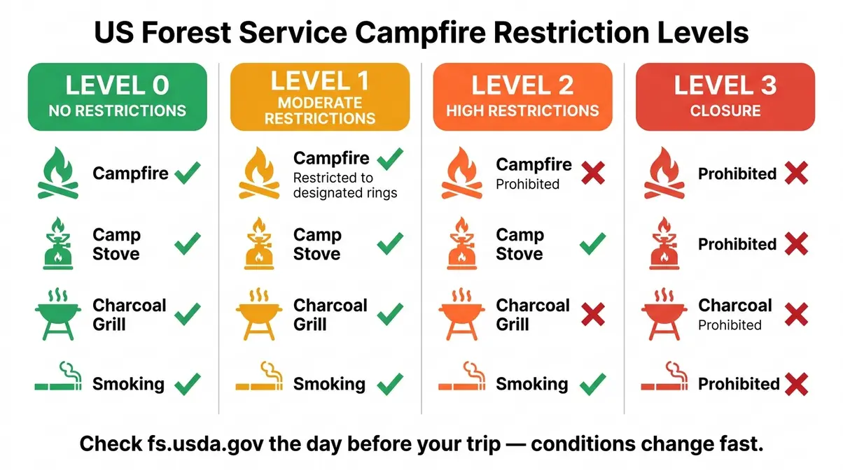 US Forest Service fire restriction levels 0 through 3 camping guide showing what is permitted at each level