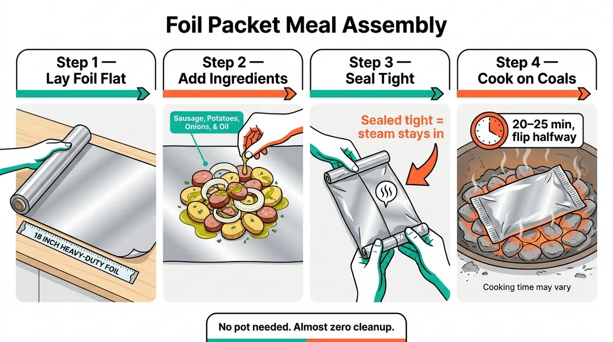How to make foil packet meals camping step by step four panel illustrated assembly guide