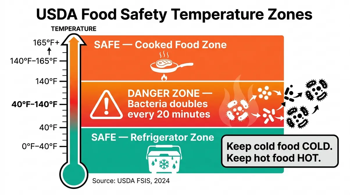 Camp food safety temperature danger zone chart showing USDA 40 to 140 degree bacterial growth range