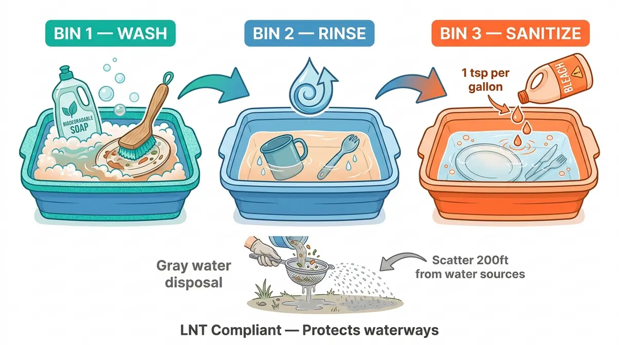 Leave No Trace three bin dishwashing method camping showing wash rinse and sanitize basins