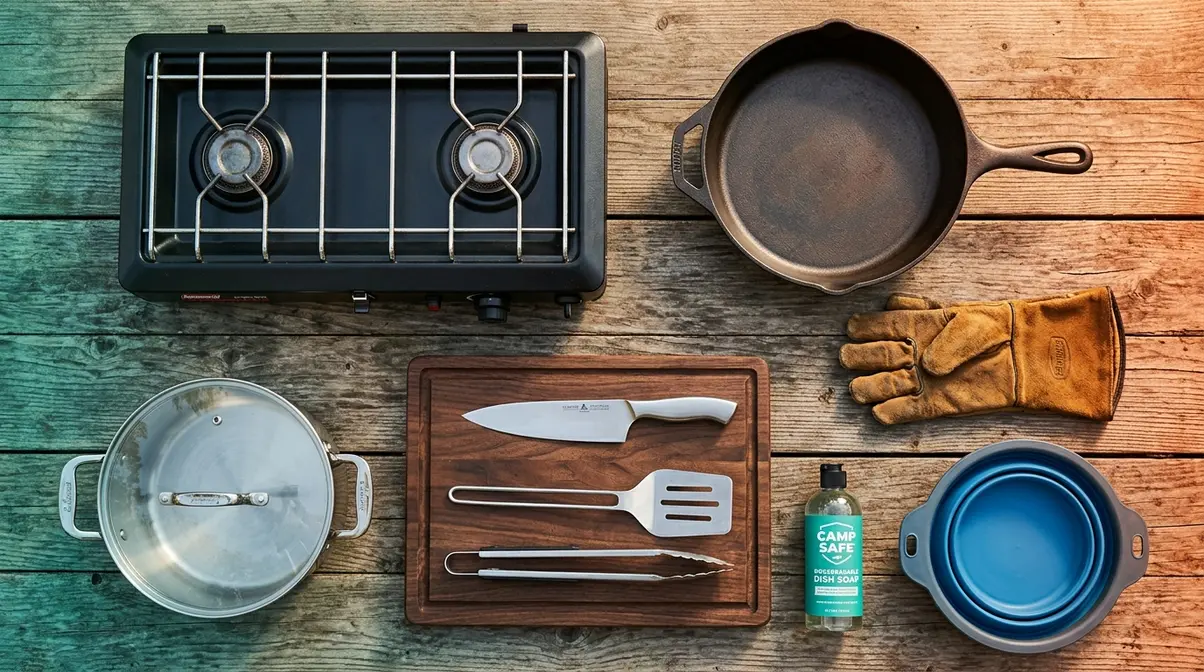 Essential camp cooking gear flat-lay including propane stove, cast-iron skillet, and kitchen tools