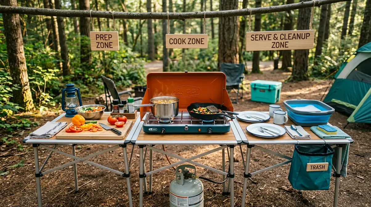 Camp kitchen three-zone setup showing prep, cooking, and cleanup areas on folding camp table