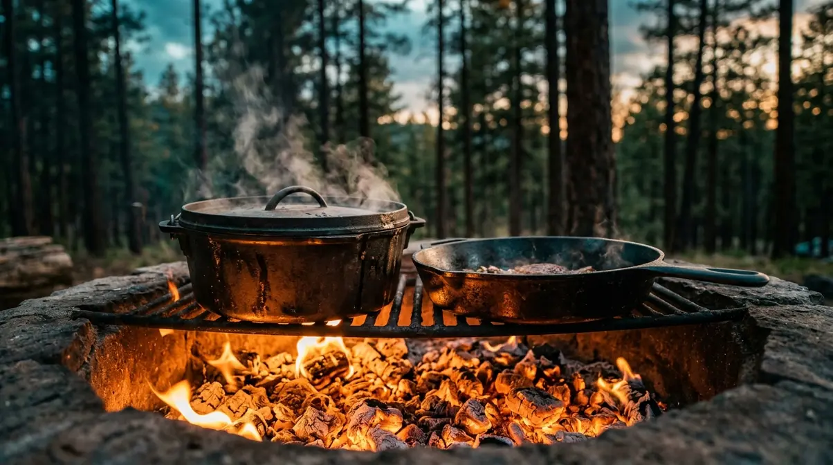 Cast-iron skillet and Dutch oven over glowing campfire coals demonstrating campfire cooking techniques