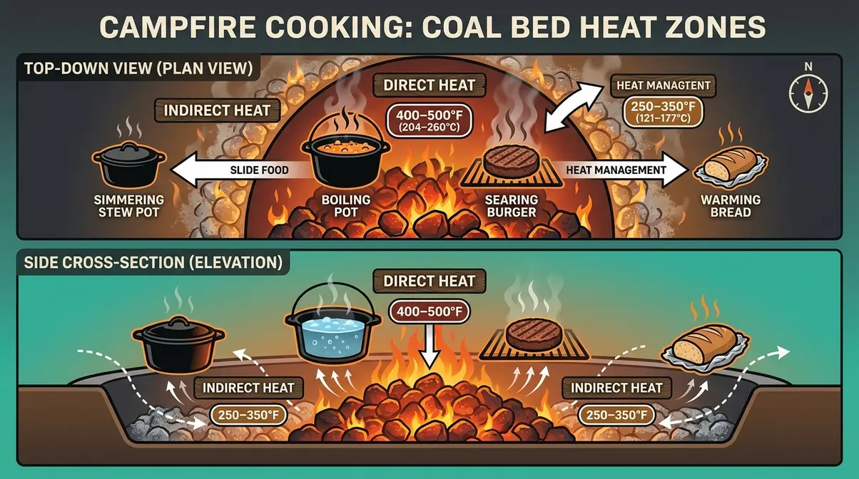 Campfire heat zones diagram showing direct and indirect cooking zones with temperature indicators