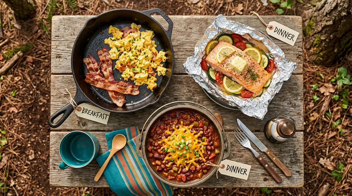 Camping meal ideas flat-lay showing scrambled eggs, foil packet salmon, and campfire chili options