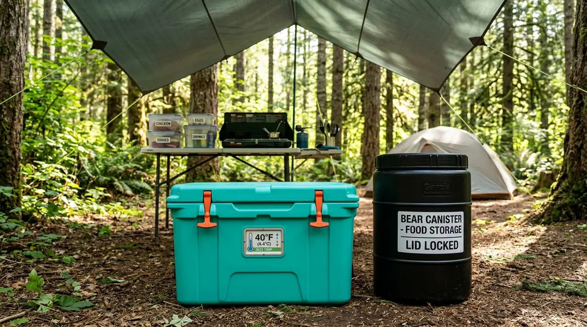 Campsite food safety setup showing cooler in shade and bear canister for proper food storage