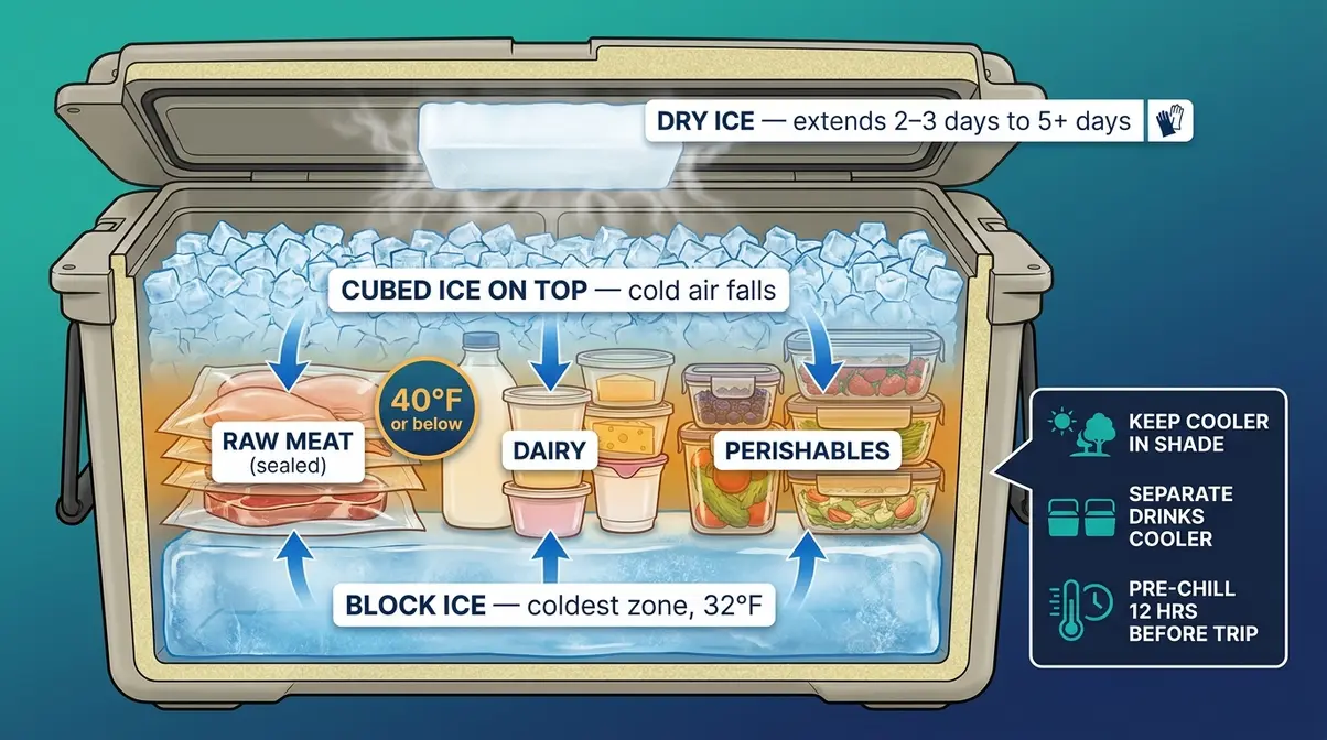 Optimal cooler packing strategy camping food safety diagram showing ice layers and food zones