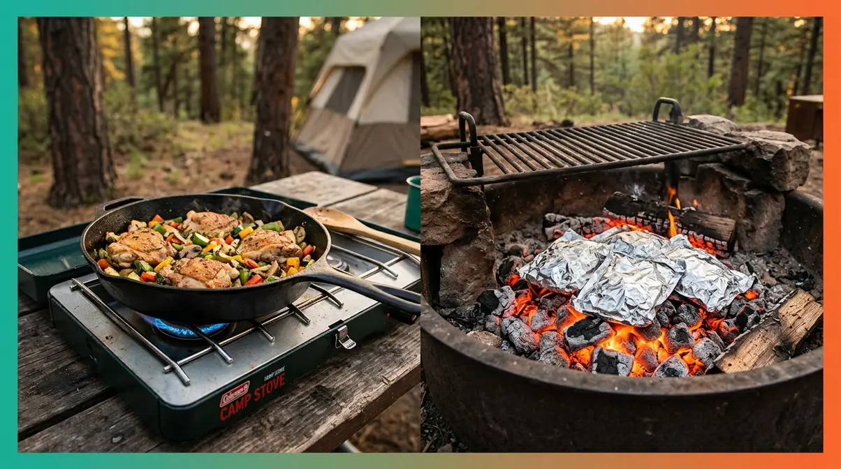 Camp cooking methods showing cast iron skillet on stove and foil packets on campfire coals