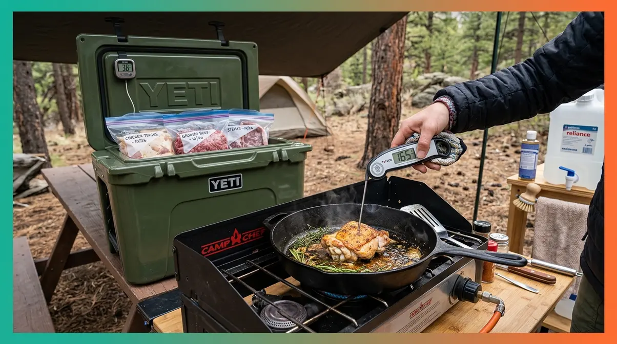 Camp food safety showing meat thermometer at 165°F and properly packed cooler with sealed proteins