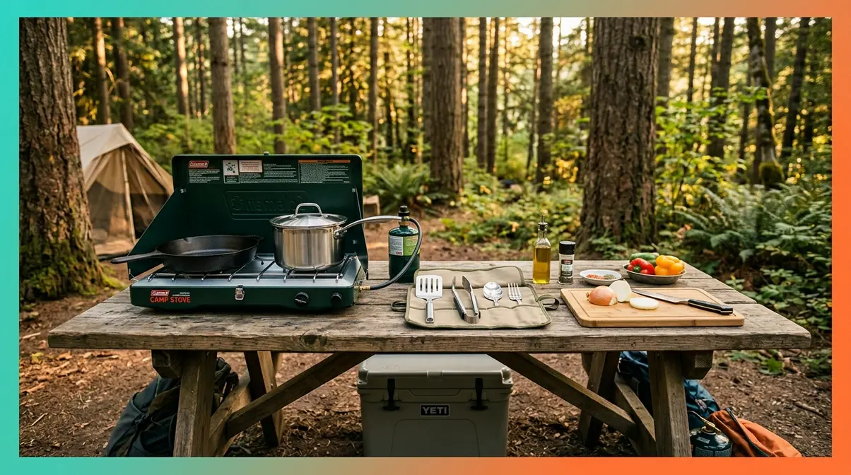 Essential camp kitchen gear setup with two-burner stove cast iron skillet and utensils