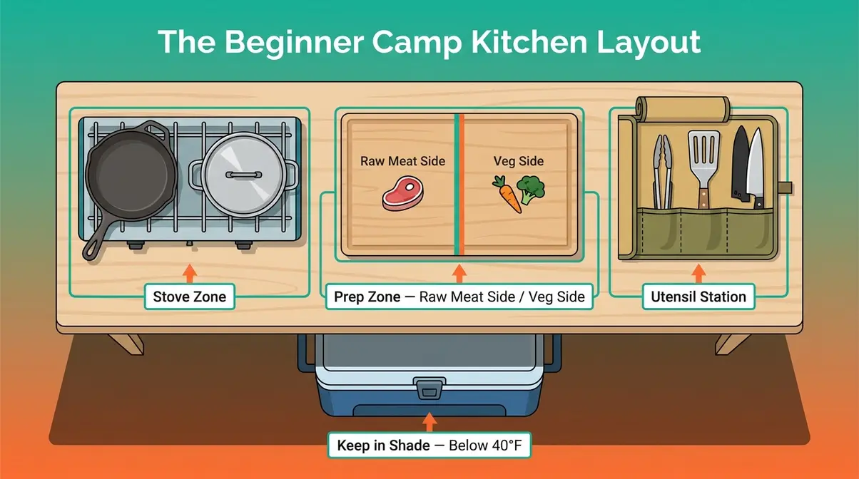 Beginner camp kitchen setup diagram showing stove prep and utensil zones outdoor cooking