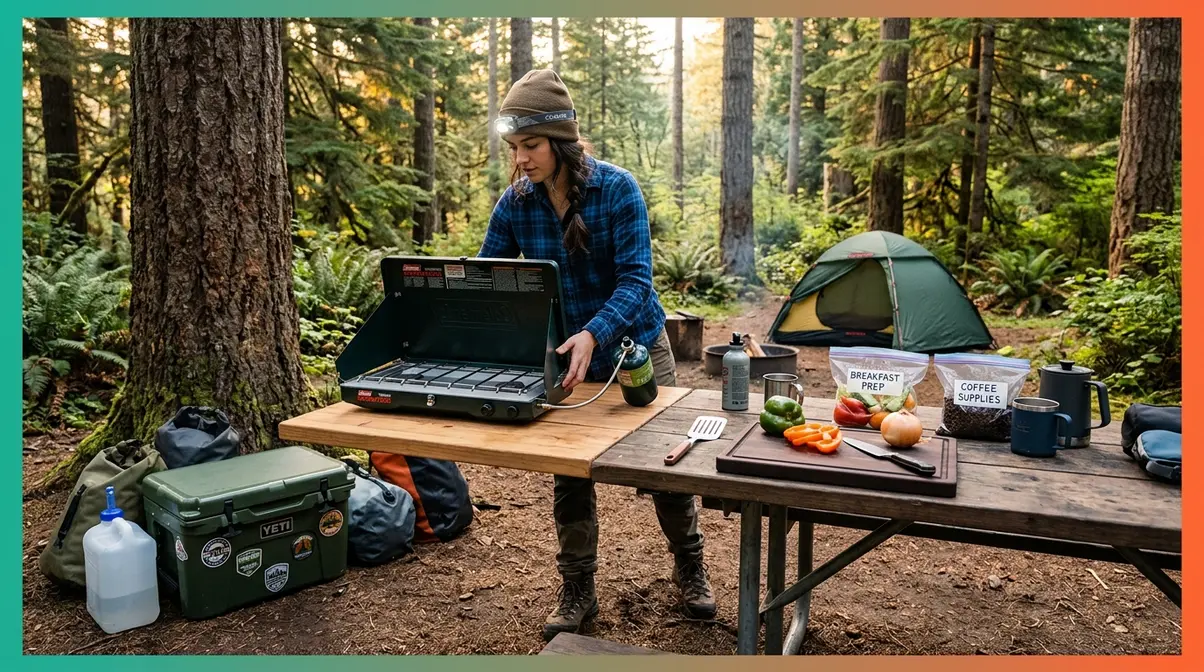 Setting up camp kitchen with stove zone and prep zone on camp table at forest campsite