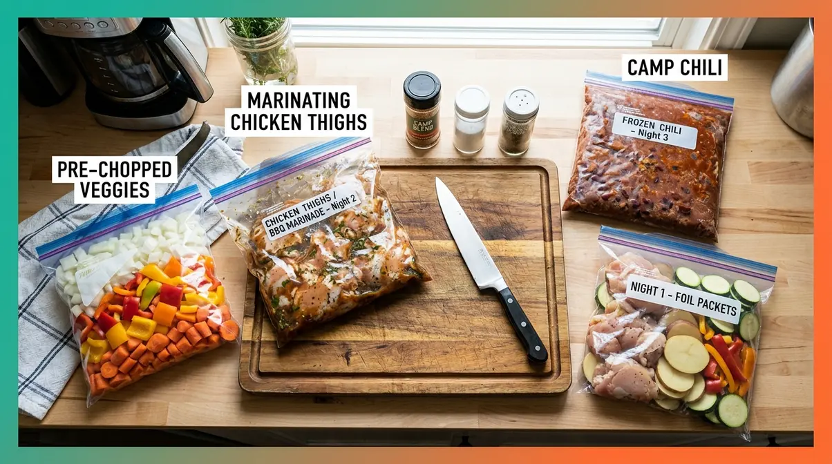 Camp meal prep hacks showing labeled zip-lock bags with pre-chopped vegetables and frozen meals