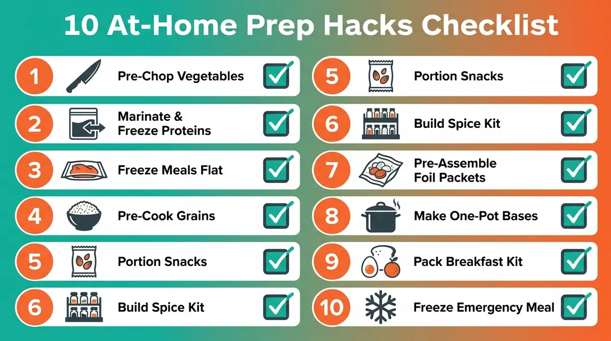 Outdoor cooking tips for campers prep hacks checklist infographic with 10 numbered steps