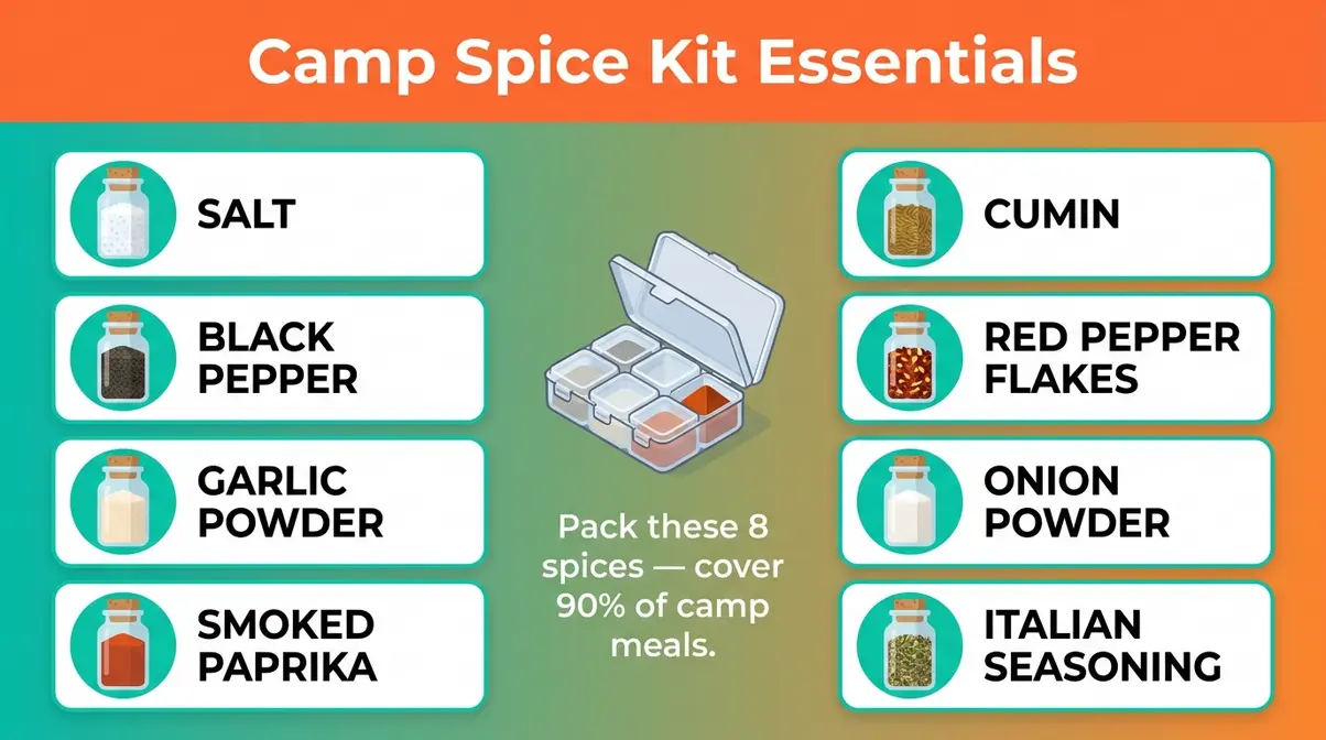 Camp spice kit essentials checklist infographic showing must-have camping spices