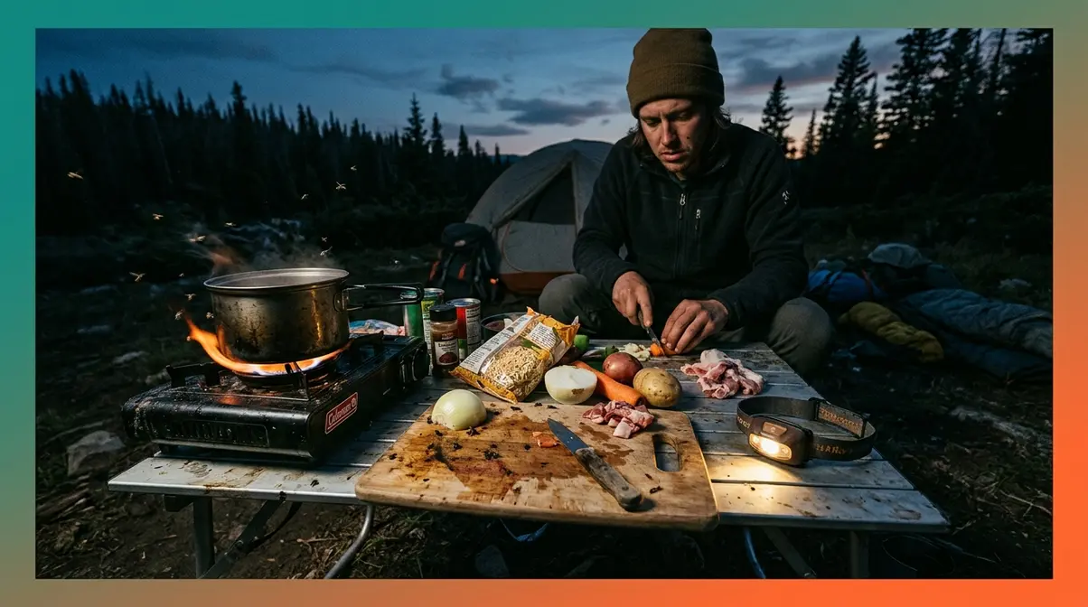 Campsite cooking conditions showing limited space wind and poor lighting challenges