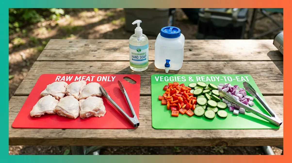 Cross-contamination prevention at campsite with color-coded cutting boards for raw meat and vegetables