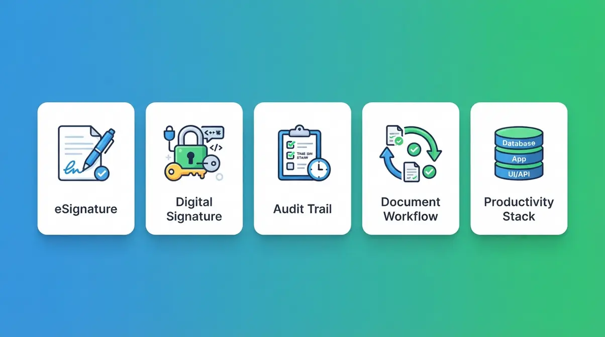 Five key eSignature concepts illustrated: eSignature, digital signature, audit trail, document workflow, productivity stack