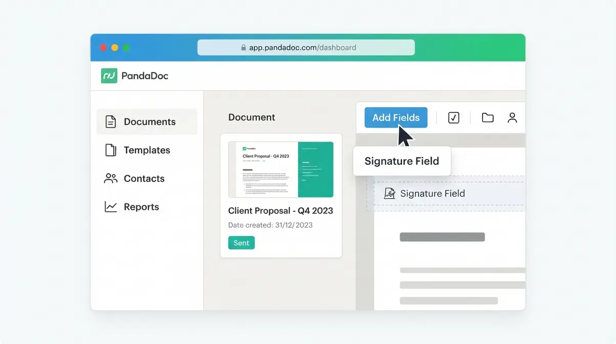 PandaDoc dashboard interface mockup showing documents, templates, and signature field toolbar