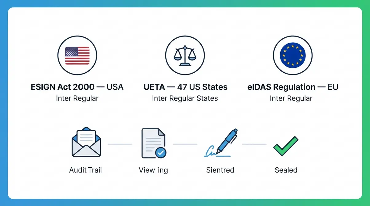 PandaDoc legal compliance badges showing ESIGN Act, UETA, and eIDAS regulation frameworks