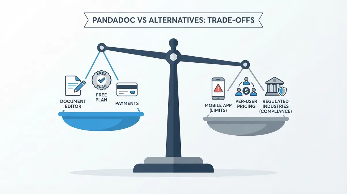 PandaDoc limitations and alternatives illustrated as a balance scale showing strengths versus use-case trade-offs