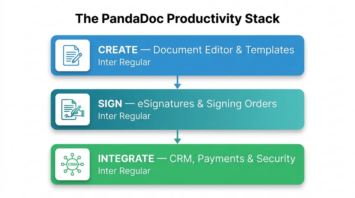 PandaDoc Productivity Stack infographic showing three layers: Create, Sign, and Integrate workflow