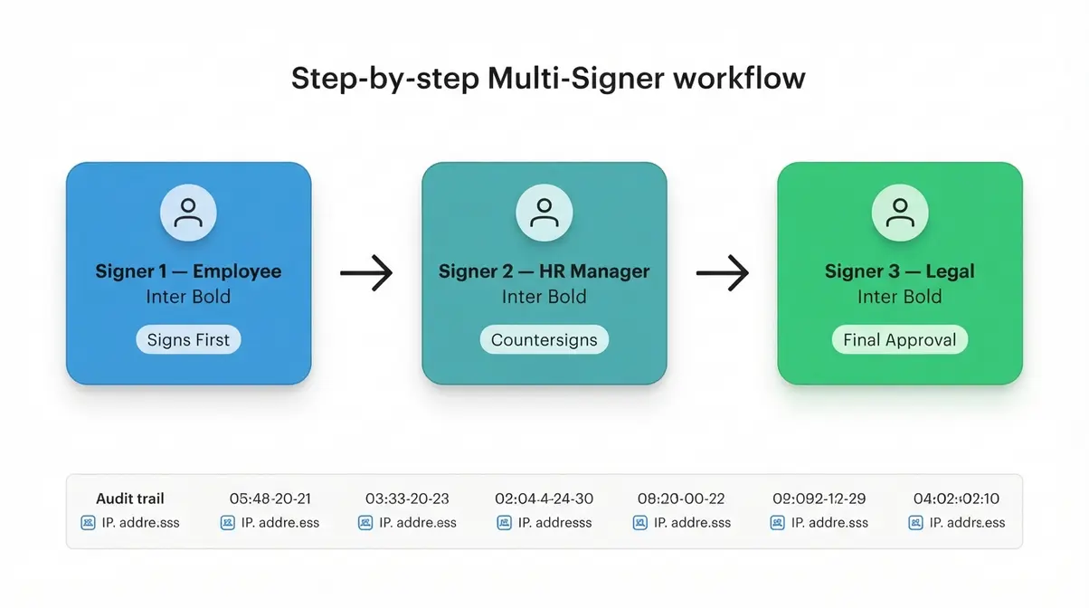 PandaDoc signing order workflow showing three sequential signers with audit trail below