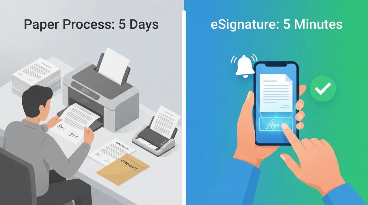 Comparison of paper signing process taking five days versus electronic signature completed in five minutes
