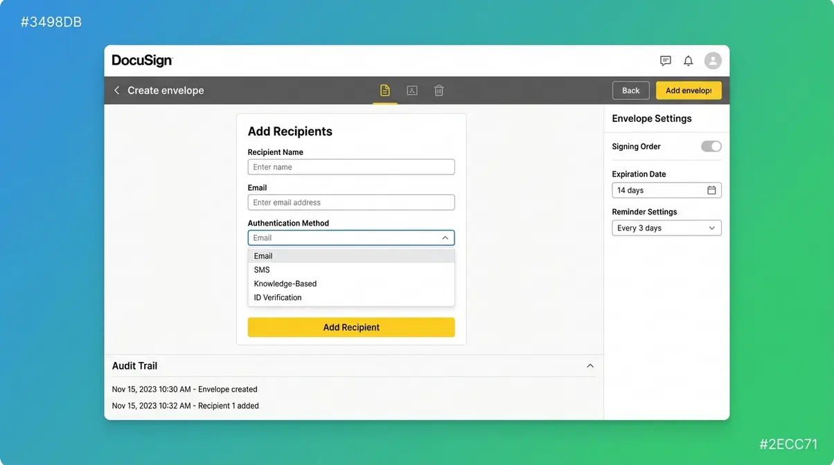 DocuSign signing workflow interface showing recipient authentication options and envelope configuration settings