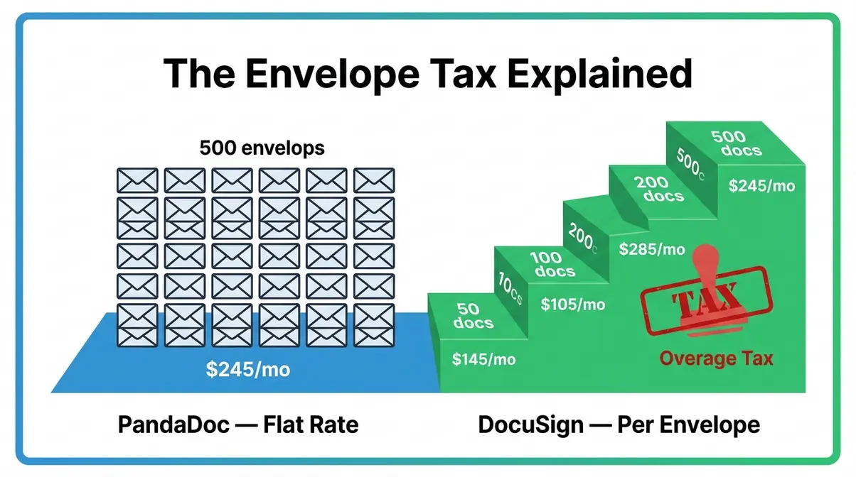 Illustration explaining the DocuSign Envelope Tax showing per-envelope cost escalation versus PandaDoc flat-rate pricing model