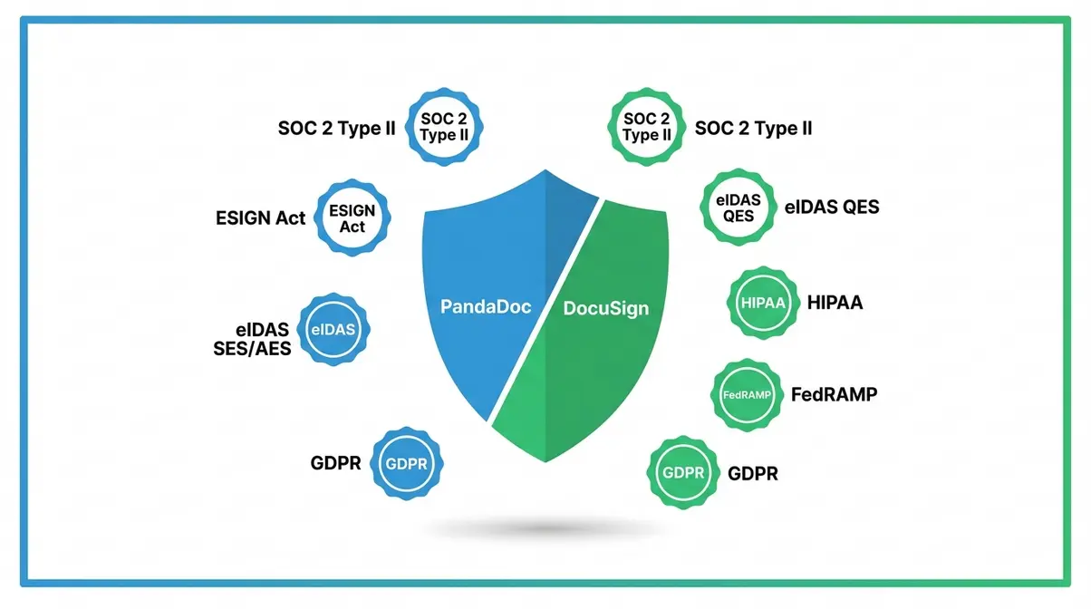 E-signature compliance standards comparison showing PandaDoc and DocuSign certifications including SOC 2, HIPAA, FedRAMP, and eIDAS tiers