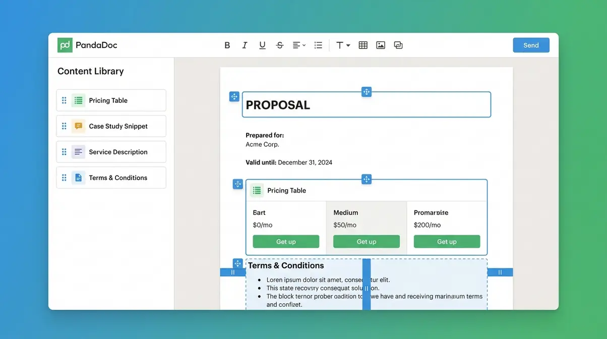 PandaDoc document builder interface showing reusable content blocks and drag-and-drop proposal editor