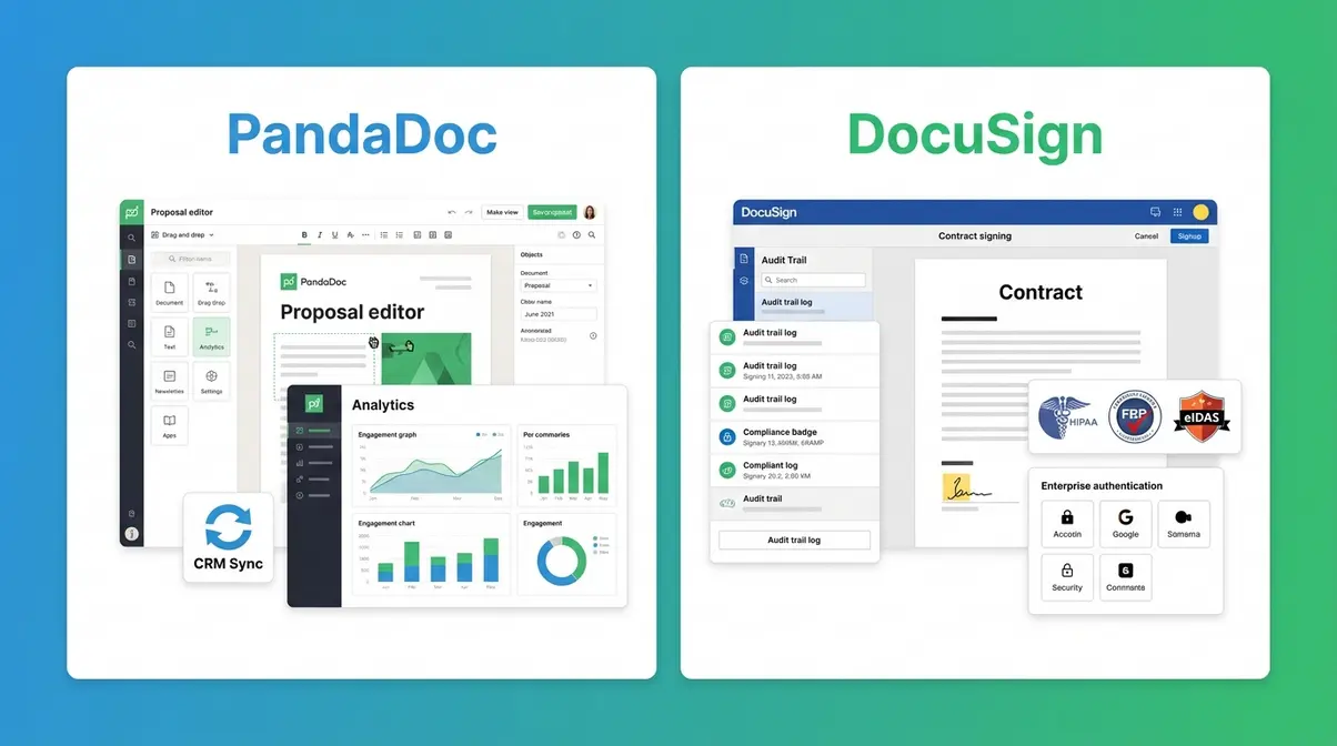 PandaDoc vs DocuSign side-by-side feature comparison showing proposal builder versus enterprise compliance signing workflow