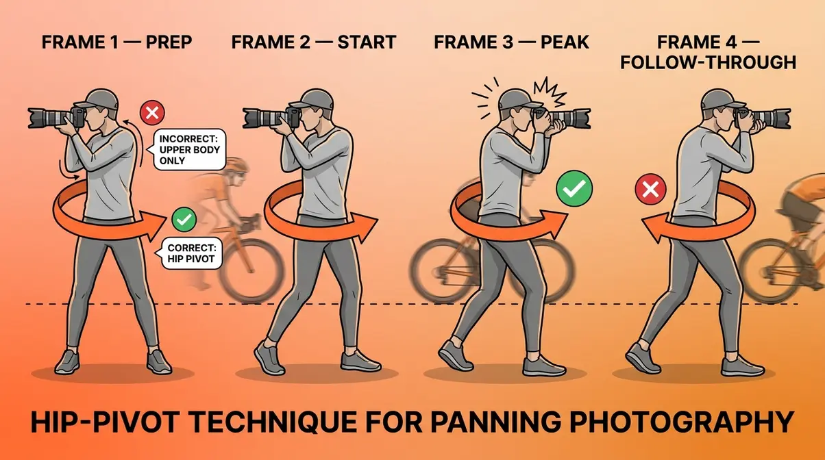 Sequential diagram showing correct hip-pivot body rotation technique for panning photography in four steps