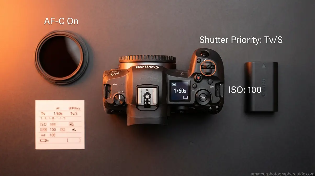 DSLR camera setup for panning photography showing Shutter Priority mode dial and key settings