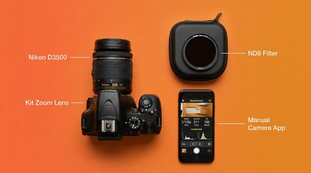 Essential panning photography gear including DSLR camera, kit zoom lens, ND8 filter, and smartphone with manual app