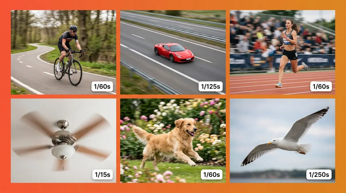 Collage of seven panning photography subject ideas including cyclists, cars, runners, ceiling fan, pets, and birds in flight
