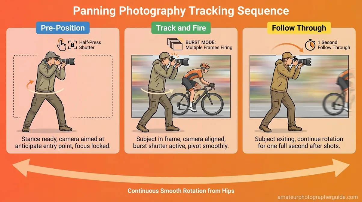 Three-step panning photography technique sequence showing pre-position, track and fire, and follow-through