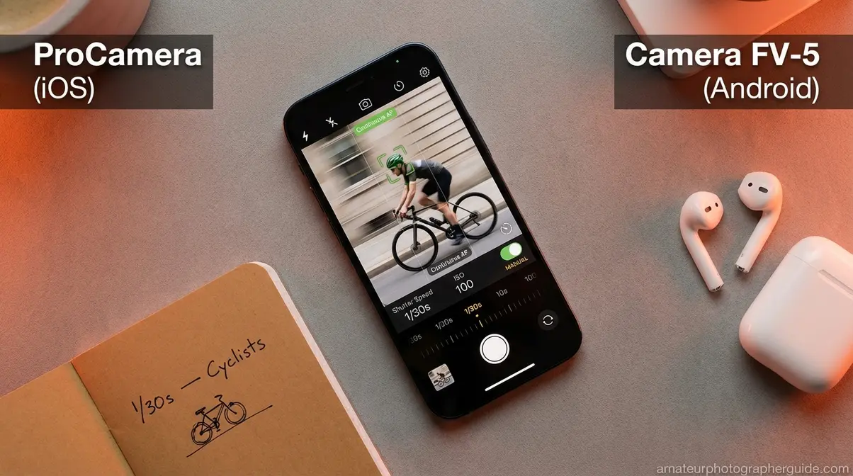 Smartphone panning photography setup showing manual camera app with shutter speed and ISO controls