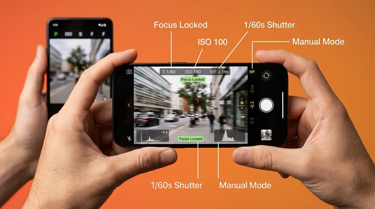 Smartphone panning photography setup showing iPhone with manual camera app displaying 1/60s shutter speed and locked focus