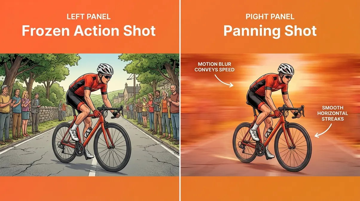 Side-by-side comparison of frozen action shot versus panning photography shot with motion blur background