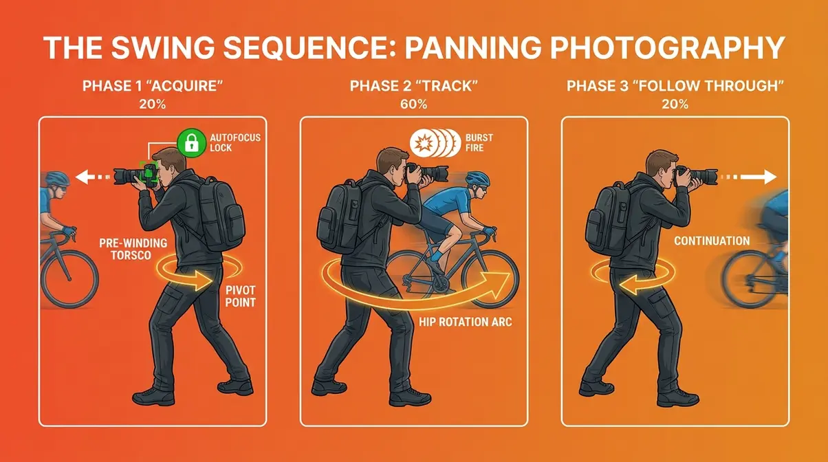 Diagram of The Swing Sequence three phases: Acquire, Track, and Follow Through with hip pivot annotations for panning photography
