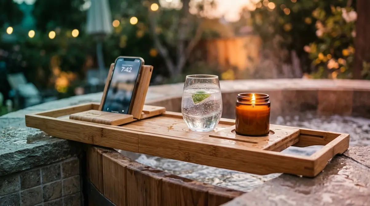 Patio Hot Tub Ideas UK: 6 Best Accessories (2025) 11 Bamboo hot tub tray with phone holder, drink and candle resting on outdoor spa rim