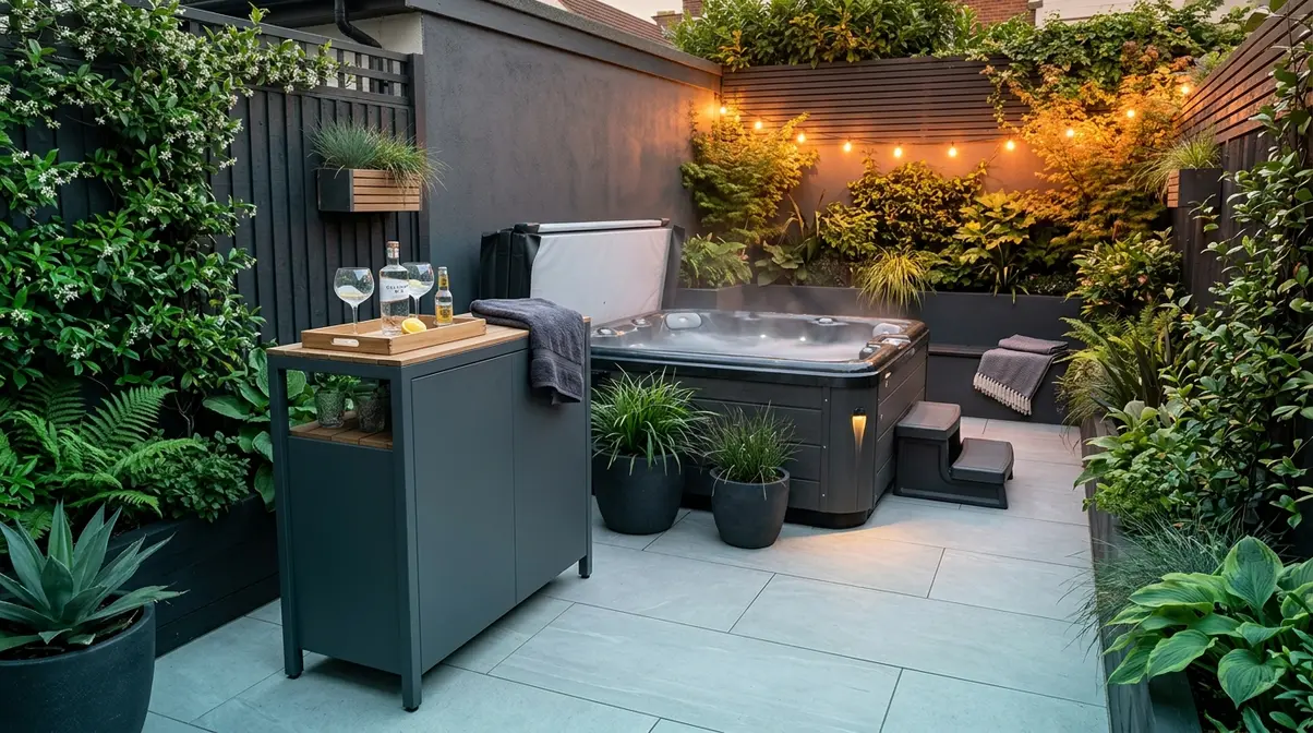 Patio Hot Tub Ideas UK: 6 Best Accessories (2025) 15 Compact deep grey single bar beside a hot tub on a small UK courtyard patio